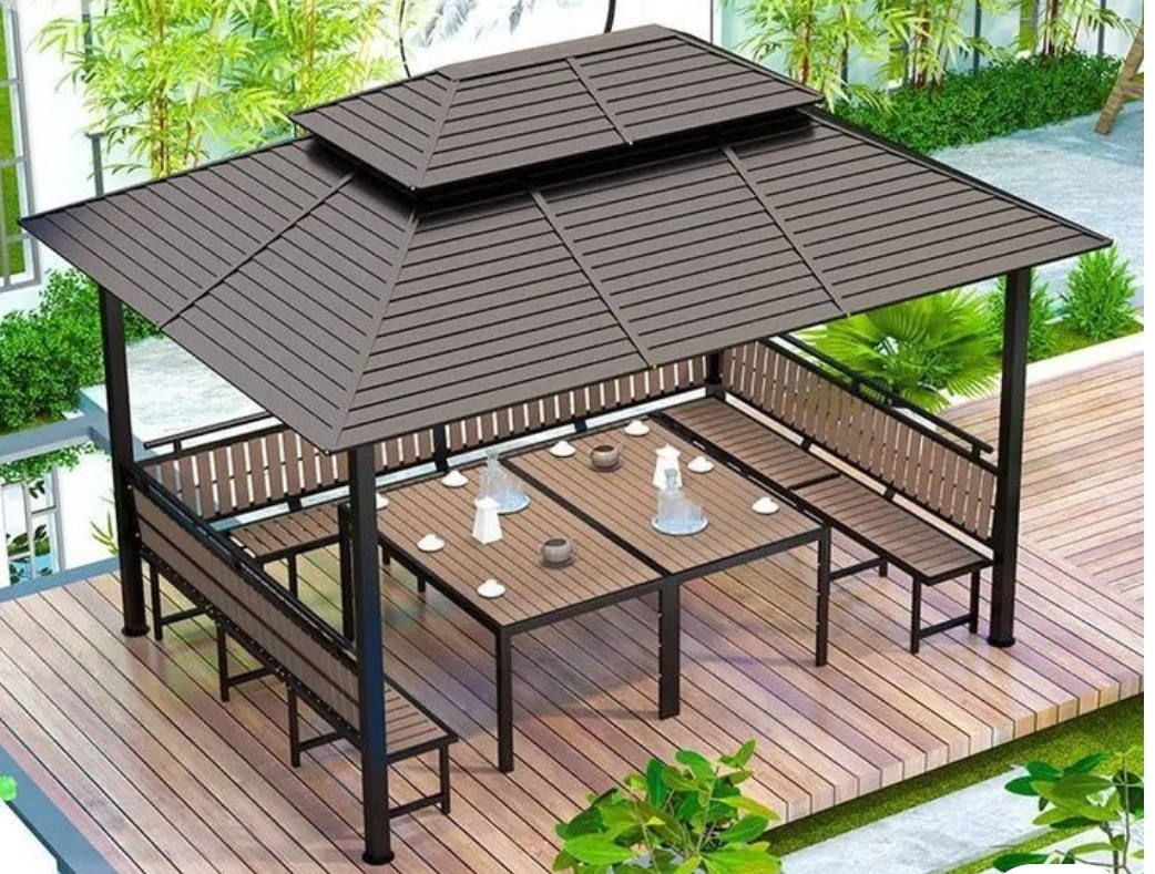 A gazebo with dinning set round.