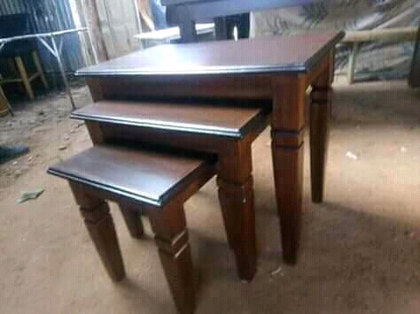 Nest of stools, 3 pcs with a board on the top, chocolate in color.