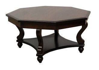 Hexagonal coffee table, dark in color, hardwood.